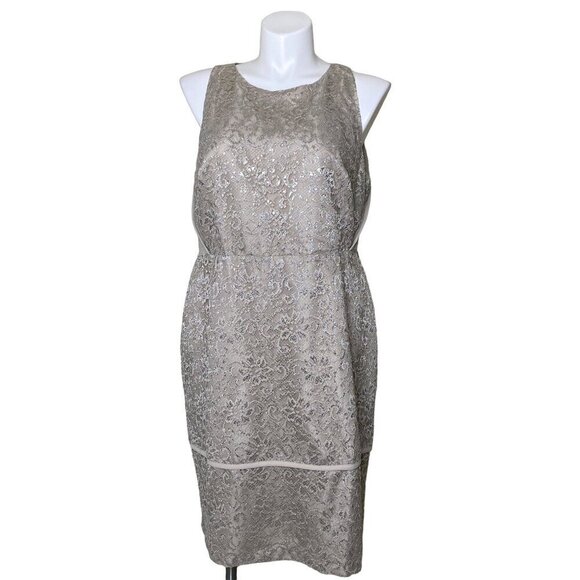 Calvin Klein Beige/Silver Metallic Lace Halter Cocktail Dress, NWT $188 Women's - Picture 1 of 9